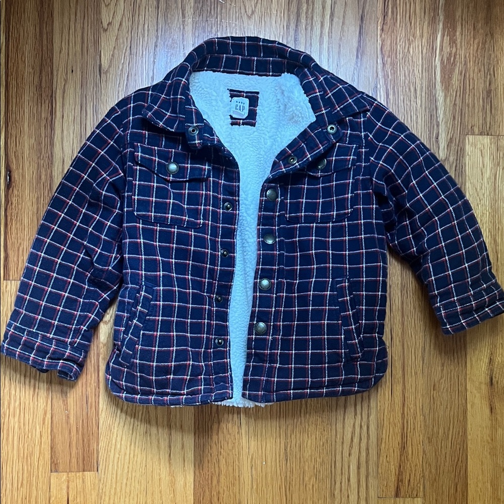 GAP Kids Navy Plaid Jean Jacket with Sherpa Lining